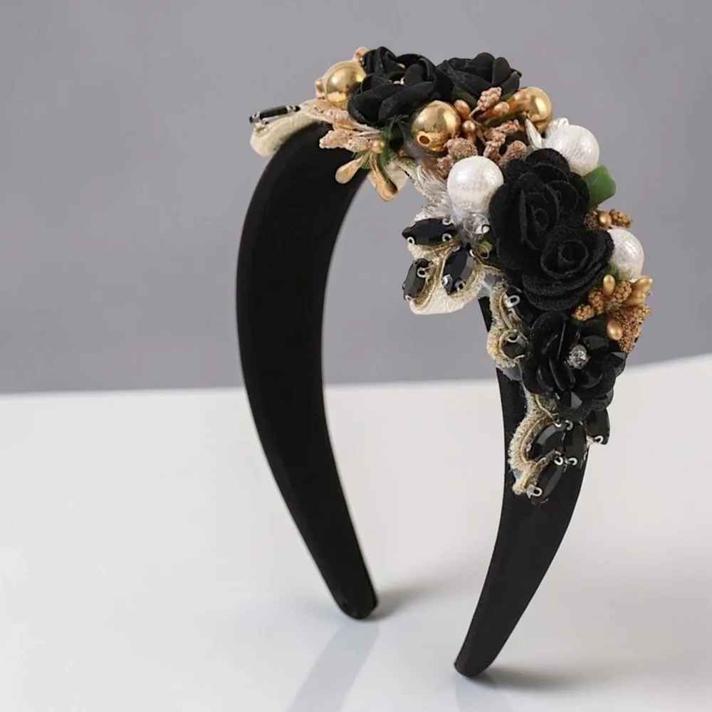 Black Floral Rhinestone Pearl Statement Headband Boutique Glam Hair Accessory